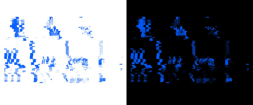 Glitch art people silhouettes in blue, pixelated human figures set, digital distortion character icons for technology and data concepts