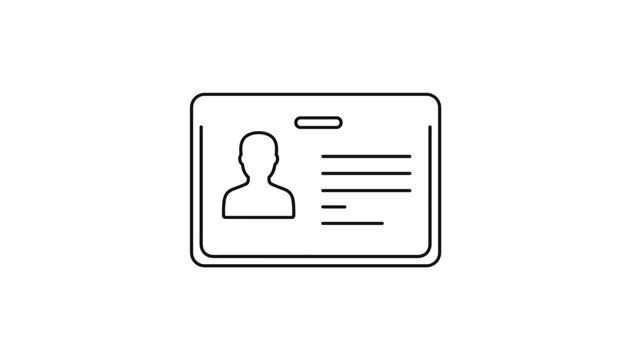 Simple minimalist line icon of an identification badge id card with a human profile silhouette on a white background.