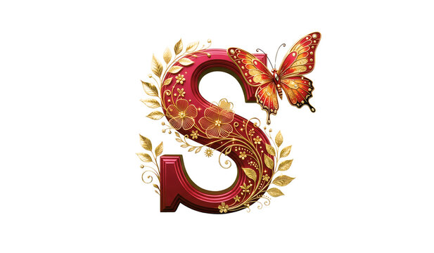 Luxury red letter S featuring gold floral filigree and vibrant butterfly details