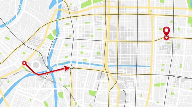 Animated Travel Route on Osaka City Map, Kansai Region, Japan with Location and Destination Pins