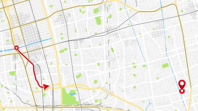 Animated Navigation Route Across Osaka City Map, Kansai Region, Japan with Destination Pin