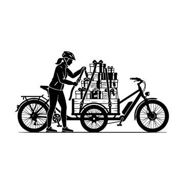 Woman loading cargo e bike silhouette vector icon