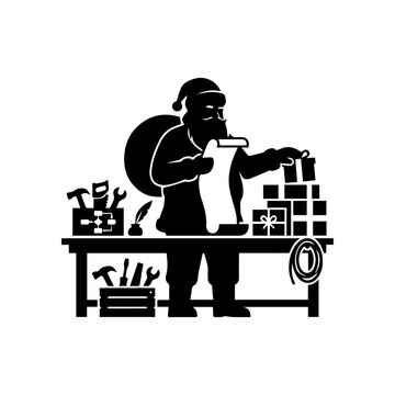 Silhouette of a bearded man with a sack reading a list at a table