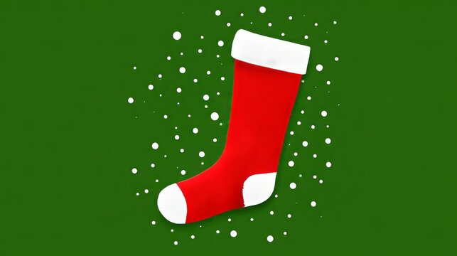  Christmas stocking on a green snowy background, festive holiday decoration with winter snowflakes, seasonal christmas celebration, traditional gift sock, cozy winter atmosphere, holiday greeting card