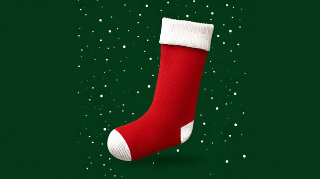  Christmas stocking on a green snowy background, festive holiday decoration with winter snowflakes, seasonal christmas celebration, traditional gift sock, cozy winter atmosphere, holiday greeting card