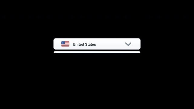 Country Selector Dropdown with Flags Alpha Channel 4K Animation
