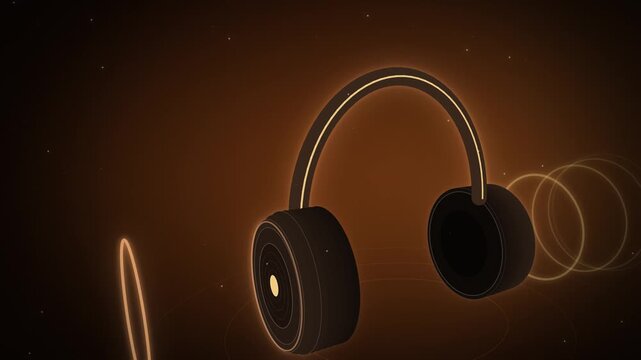 3D headphones with glowing orange sound rings on dark brown