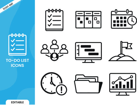 To-do list and project management icon set in minimalist line art