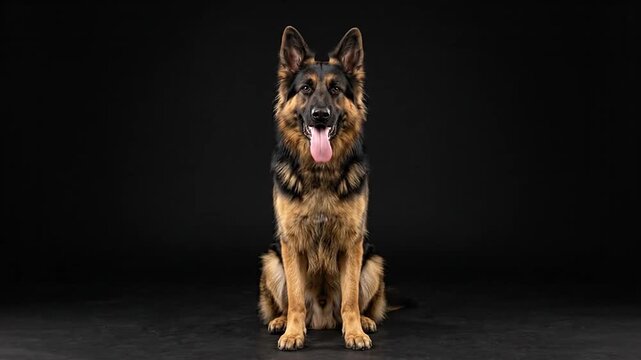 German shepherd dog sitting in a dark studio looking around