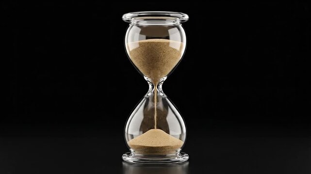 Glass hourglass timer measuring passing time with sand flowing down against black background