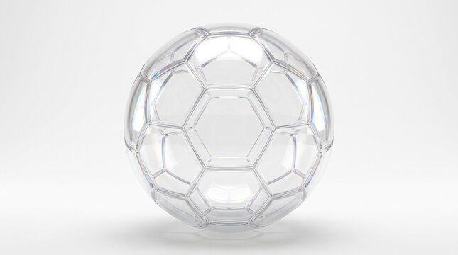 Clear transparent glass soccer ball with pentagon and hexagon panels isolated on white background