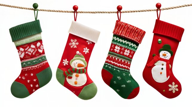 Colorful christmas stockings hanging on a rope with traditional holiday ornaments and cute festive patterns, red and green socks decorated with snowflakes and snowmen, cheerful winter decorations for 