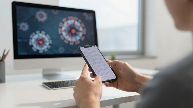 Person using mobile phone to check latest health updates while virus graphics appear on computer screen in background.