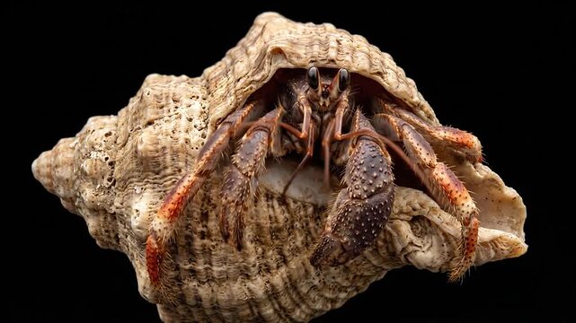 Hermit crab inside textured seashell moving antennae on black background