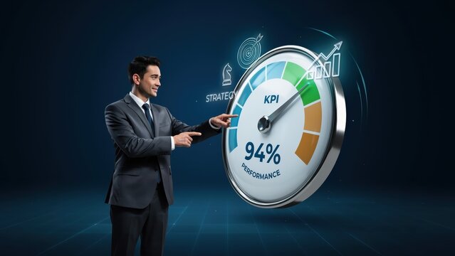A businessman in a suit interacting with a large performance gauge displaying 94 percent