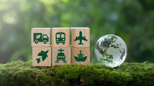 Eco friendly logistics concept with glass globe and wooden blocks showing transport icons on green moss to represent sustainable global shipping