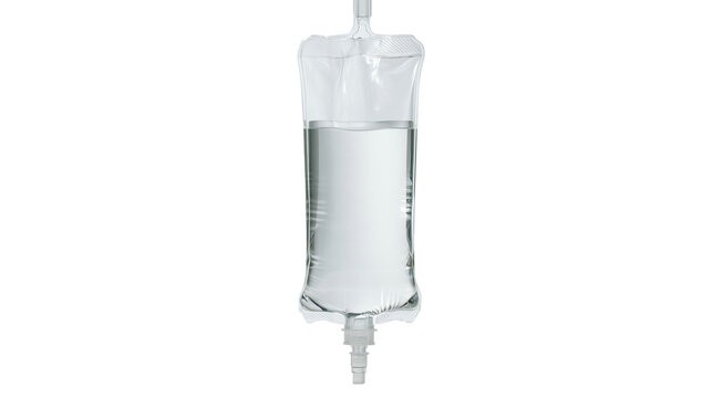 Medical iv drip bag filled with clear saline solution isolated on transparent background