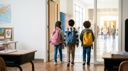 Fototapeta premium Group of Diverse Elementary School Students Walking Through Open Door into Bright School Hallway Wearing Colorful Backpacks Ready for Morning Lessons