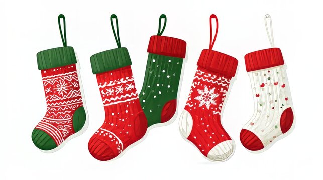  Collection of christmas socks hanging on a white background, festive holiday stockings in flat vector illustration style for christmas decorations, seasonal greetings, winter celebrations, gift givin