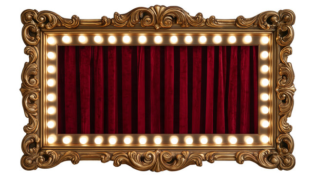 Ornate vintage golden mirror frame with lit light bulbs and dark red velvet theatre curtains isolated on transparent background