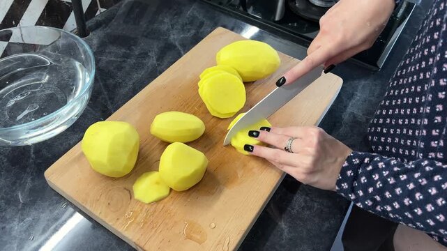 An adult slices peeled potatoes on a wooden board beside a glass bowl of water, home cooking, ingredient preparation, knife skills.