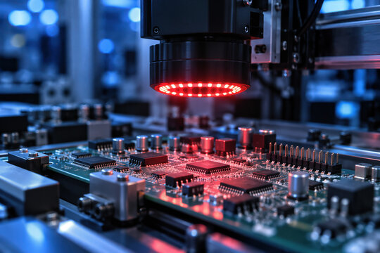 Close-up electronic circuit board inspection with red ring illuminator scanning soldered chips and pin headers under cool blue factory lighting for precision assembly quality control