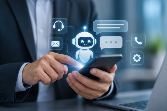Professional using smartphone with animated virtual assistant chatbot and communication icons for automated customer support helpdesk and conversational AI service solutions