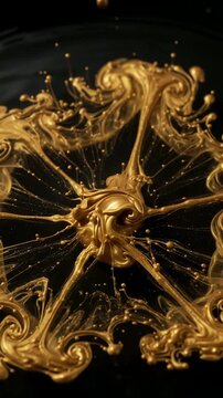 Golden liquid splash forming abstract shapes on black background