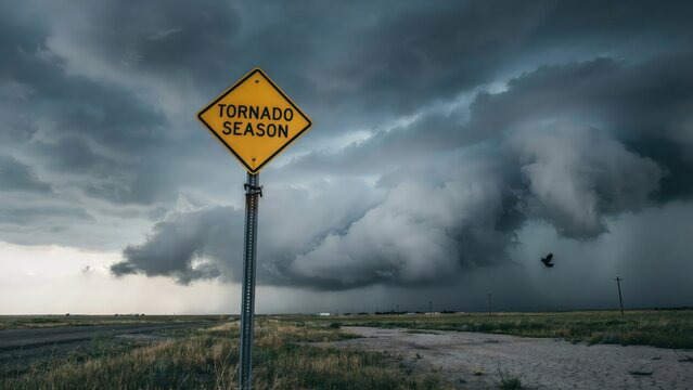 A yellow tornado season sign stands in a field under a dark stormy sky