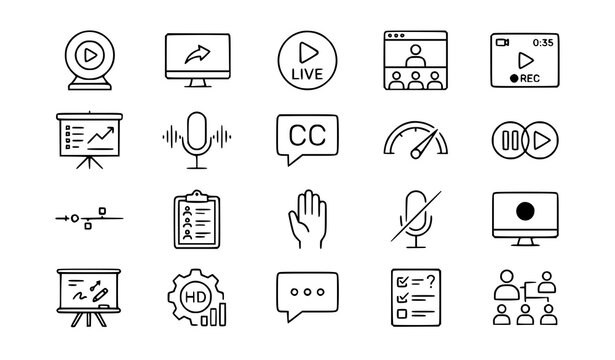 Webinar and video lecture icon set with webcam, live stream, recording, presentation, microphone, captions, raise hand, mute, whiteboard, HD quality and quiz