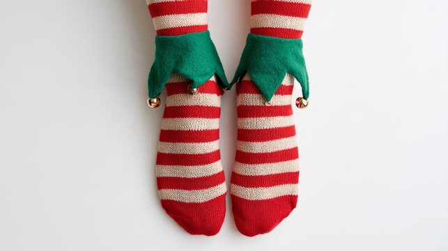 Female feet wearing festive christmas elf socks on a clean white background, cozy winter holiday fashion, seasonal christmas celebration, new year festivities, playful holiday accessories, cheerful fe
