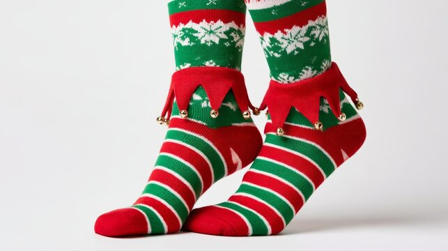Female feet wearing festive christmas elf socks on a clean white background, cozy winter holiday fashion, seasonal christmas celebration, new year festivities, playful holiday accessories, cheerful fe