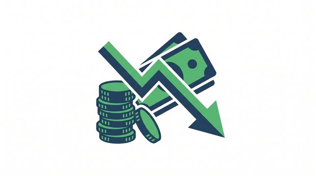 Financial Loss Vector Icon with Downward Arrow Stack of Coins and Cash Banknote