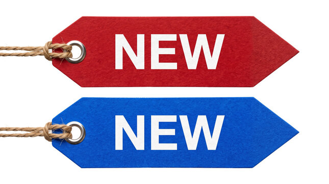 New Arrival Price Tags with String Red and Blue Arrow Labels Isolated on Transparent Background for Retail Sale Promotion