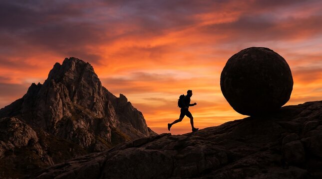 Silhouette of Man Running Up Mountain Slope Pushing Large Boulder at Sunset Metaphor