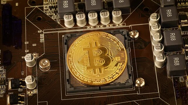 Stacking gold bitcoin coins on a computer motherboard socket representing digital cryptocurrency mining and financial technology.