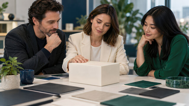 Design team reviewing plain box prototype and material sample boards together