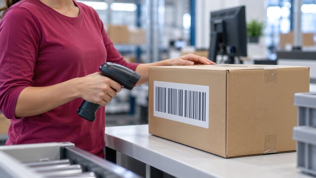 Woman scanning barcode on sealed cardboard parcel at warehouse workstation