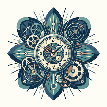 This artistic image features a vintage clock surrounded by gears, blending intricate designs with a steampunk aesthetic for a timeless elegance and craftsmanship.