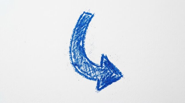 Hand Drawn Blue Crayon Curved Arrow Pointing Down Right Isolated on White Paper Texture Background for Artistic Direction and Creative Graphic Design