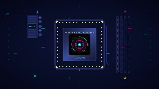Futuristic quantum computer processor chip with digital hud interface glowing in cyberspace