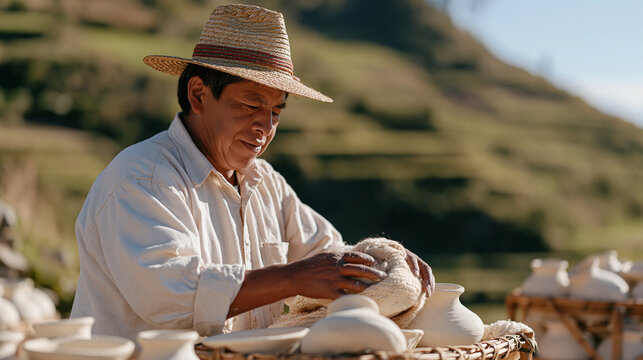 A Peruvian Andean villager carefully wraps fragile clay pottery pieces in woven llama wool for safe transport down a mountain path, the handcrafted vessels stacked in a wooden