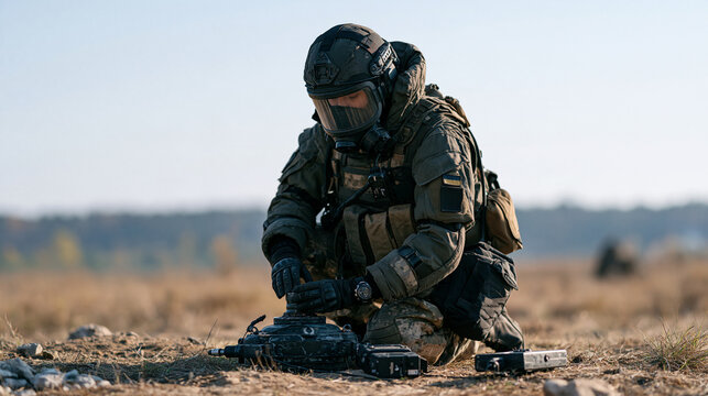 Ukrainian female bomb disposal technician in protective suit kneeling over simulated device at training ground, military engineering, EOD career, defusing focus, technical