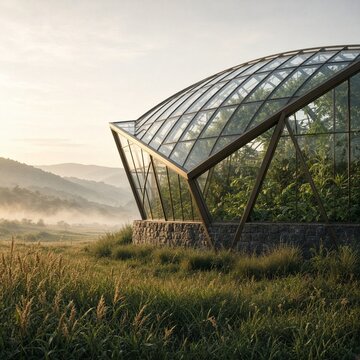 Modern Glass Greenhouse in a Misty Morning Valley Landscape