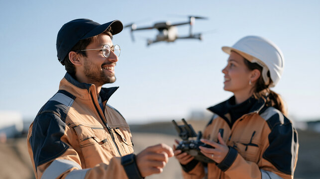Man with round glasses watching a female colleague pilot drone over construction site for aerial survey, project management, modern site inspection, UAV operator, civil