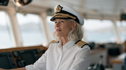 Fototapeta premium Woman with silver hair serving as a ship captain navigating cargo vessel through foggy harbor, peaked cap with insignia, maritime authority, nautical career, wheelhouse