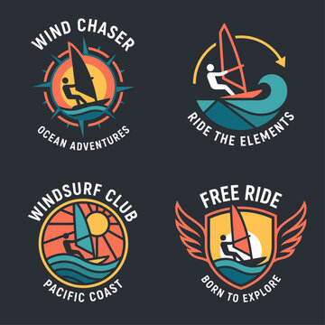 This collection features four dynamic logos centered around windsurfing themes, showcasing adventure, nature, and the excitement of riding ocean waves with vibrant colors.