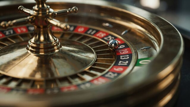 A close-up view of a roulette wheel in a casino with a blurred background