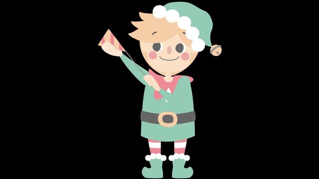 merry christmas and happy new year with cute little elf dwarf holding confetti party popper, overlay transparent prores 4444 4K
