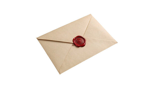 Blank craft paper envelope tied with string and red wax seal isolated on transparent background